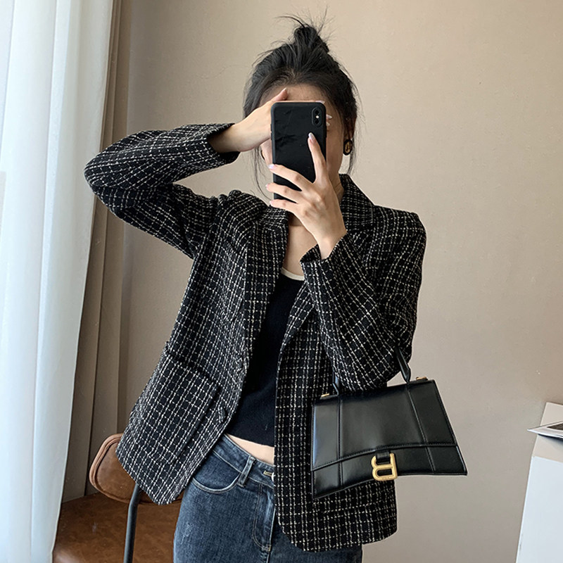 Sandro bassa's new 2021 Fall Coarse Flowers Plaid Suit Jacket Woman Casual Little Subsuit