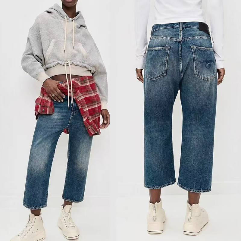 New R13 High-Waisted Dark Blue Stylish and Unique Ripped Distressed Straight-Leg Cropped Jeans for Petite Figures, Slimming Effect New R13 High-Waisted Dark Blue Stylish and Unique Ripped Distressed Straight-Leg Cropped Jeans for Petite Figures, Slimming Effect
