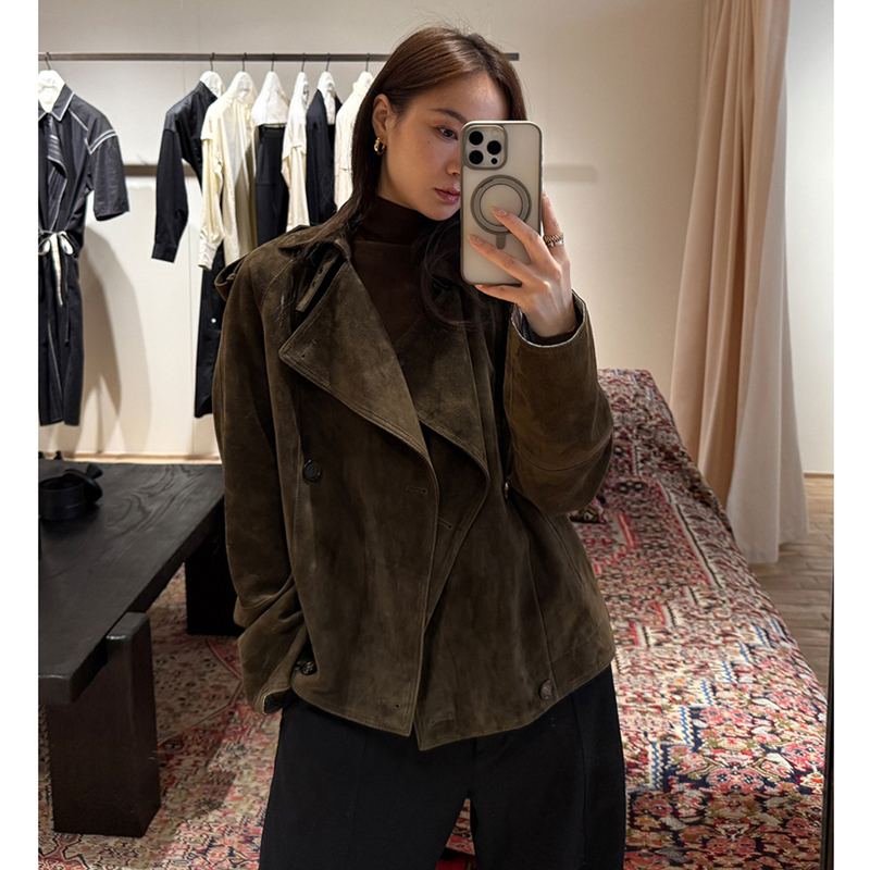 Btrs M丨Ethiopian Imported Suede Double-Breasted Olive Green Lapel Trench Coat Style Suede Jacket for Women Btrs M丨Ethiopian Imported Suede Double-Breasted Olive Green Lapel Trench Coat Style Suede Jacket for Women