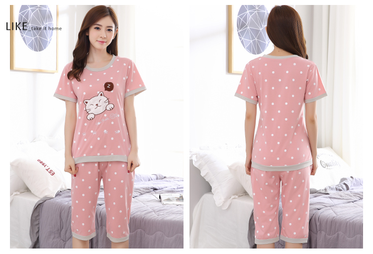 Bộ đồ ngủ mùa hè của phụ nữ Áo cotton mùa hè tay ngắn cắt quần cotton phù hợp với mùa hè có thể mặc ngoài nhà dịch vụ hai mảnh những kiểu đồ bộ may đẹp