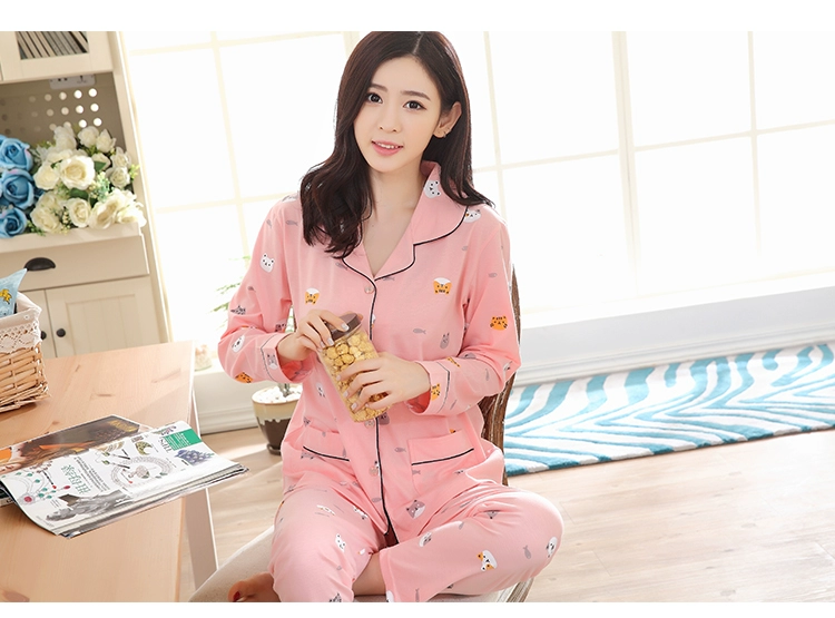 Bộ đồ ngủ của phụ nữ mùa hè dài tay cotton mùa xuân và mùa thu Phiên bản Hàn Quốc của phim hoạt hình có thể mặc bên ngoài quần áo phù hợp với phần mỏng thường có kích thước lớn đầm ngủ dễ thương