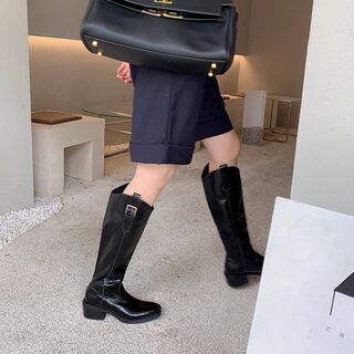 White High-Top Western Cowboy Boots with Chunky Heels, 2025 New Style, Genuine Leather Square-Toe Long Riding Boots for Petite Women