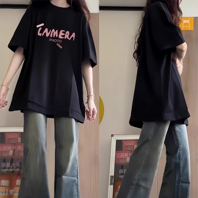 Black Short-Sleeved T-Shirt for Girls, Summer Wear 2026 New Popular Style, Casual and Versatile Half-Sleeve Top for Middle and High School Students