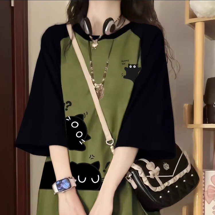 Color-Blocked Raglan Short-Sleeve T-Shirt for Girls, Summer 2026 New Popular Style, Loose Half-Sleeve Top for Middle and High School Students