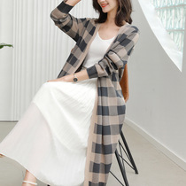 JOLIMENT Korean version of thin loose knit cardigan women 2021 autumn temperament Plaid long coat coat