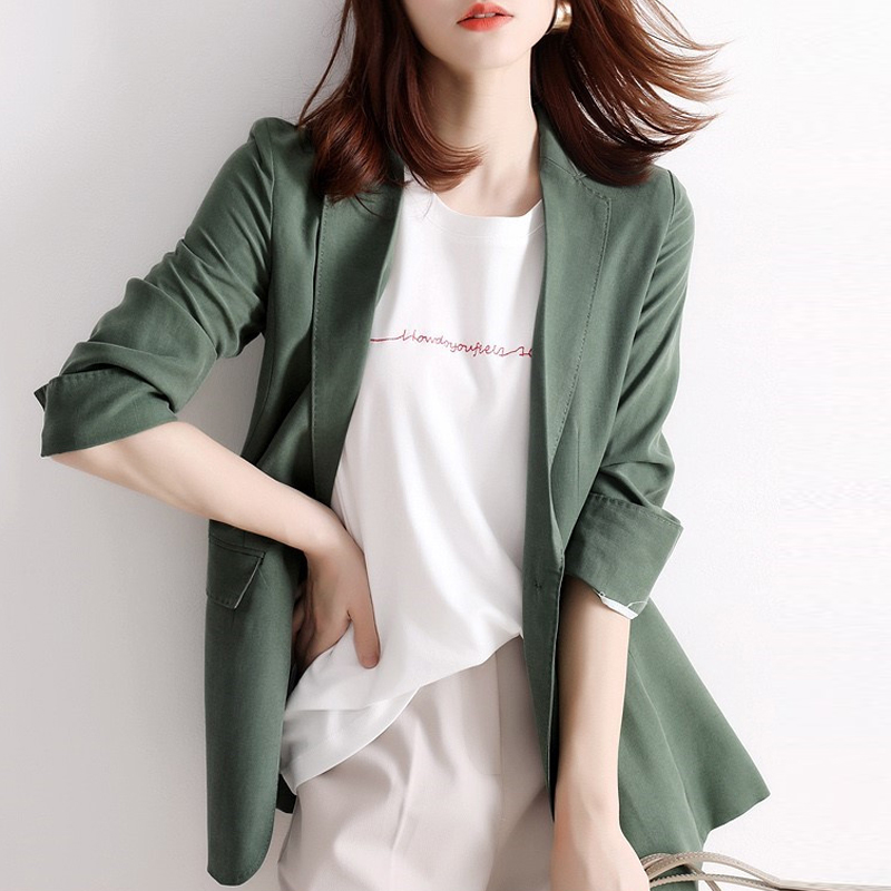 JOLIMENT Trendy Bull Oil Fruits Green One BUTTON SILK LINEN ARCH Long version Lazy Wind Suit Jacket Woman Early Autumn