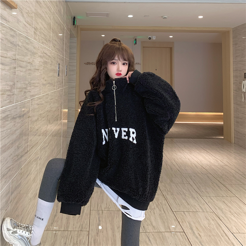 Real shot lambs sweater women's new autumn and winter wide lazy wind plus cashmere thickened coat women's Fashion Top