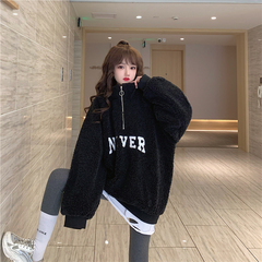 Real shot lambs sweater women's new autumn and winter wide lazy wind plus cashmere thickened coat women's Fashion Top