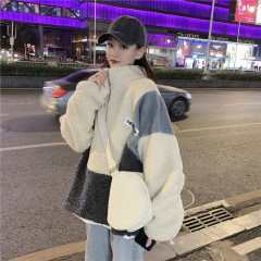 Real shot lambs sweater women's new color stand collar fluffy coat