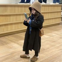 Korean childrens clothing girls autumn and winter double-sided woolen coats stylish and loose black woolen mid-length baby coats for the heroine