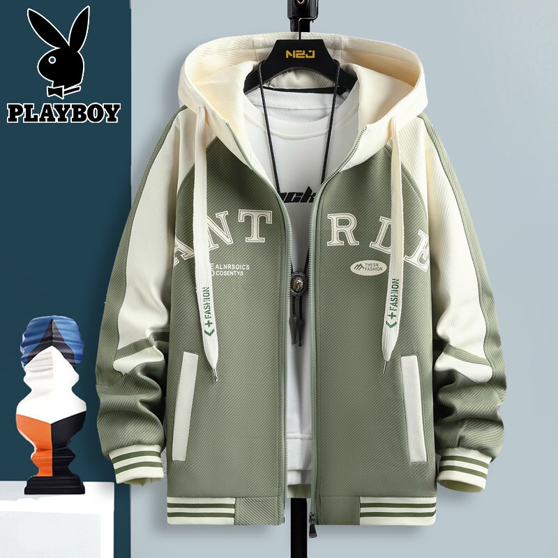 Playboy Hooded Baseball Jacket for Men 2026 Spring and Autumn New Trendy Versatile Coat Youth Fleece-Lined Jacket