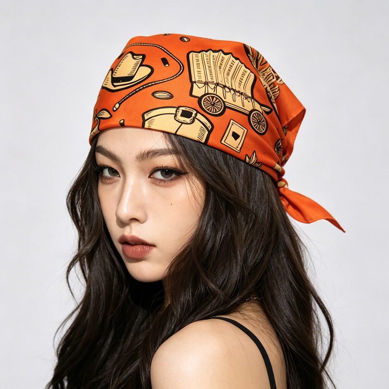 Gak American Retro Western Style Headscarf for Women, Orange Turban, Subculture Square Scarf, Vacation Style Accessory