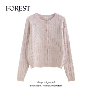 拾野森 秋冬新款韩版复古少女短款麻花圆领针织衫毛衣开衫外套