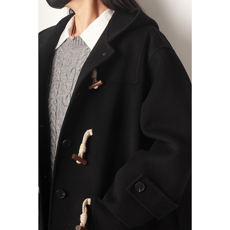 Off-Season Plus-Size Double-Sided Cashmere Coat for Women in Autumn and Winter with Horn Buttons, 100kg Preppy Style Mid-Length