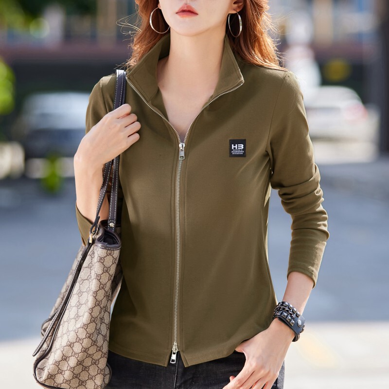 Pure Cotton T-Shirt Stand-Up Collar Cardigan Jacket for Women, Stylish and Loose-Fitting, Spring and Autumn Double Zipper Turn-Down Collar Sweatshirt, Elegant Long-Sleeve Top