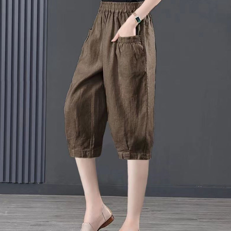Ice Silk Cotton Linen Capri Pants Women's Elastic High-Waisted Lantern Pants with Drape Effect 2026 Summer Loose Harem Pants