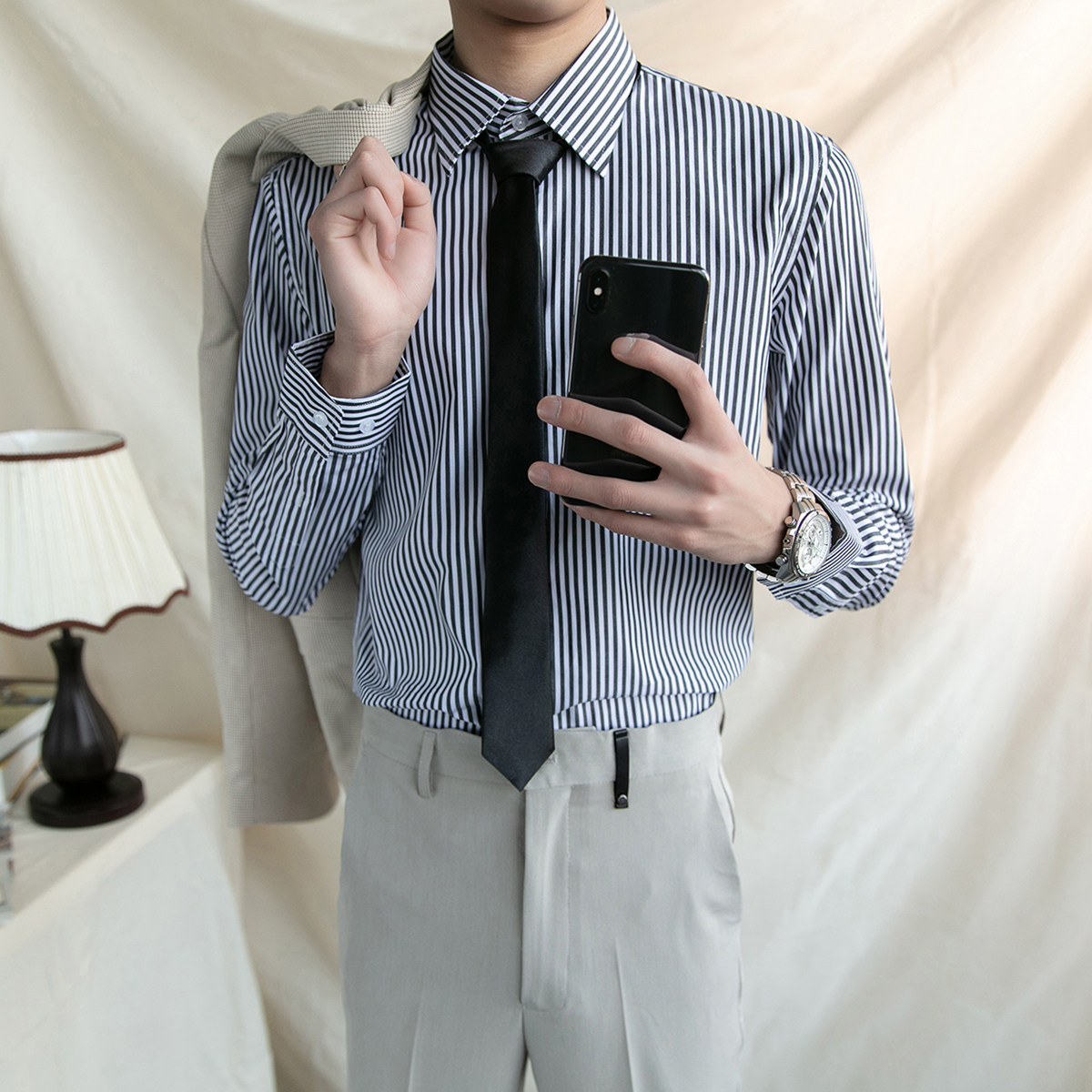 Korean version of the striped shirt men slim fashion wild business formal casual inch clothes handsome bottom long-sleeved shirt