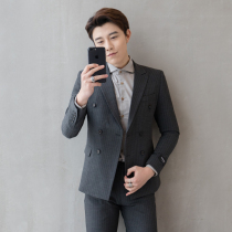 Suit suit suit men slim Korean stripe youth leisure business professional dress men double-breasted small suit tide