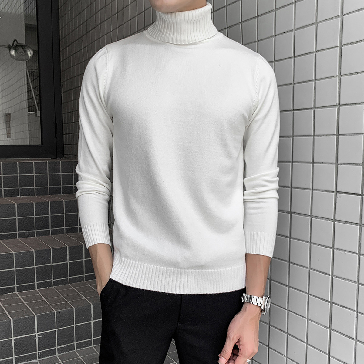 Black high collar sweater male Korean version Body Trendy Pure Color Beating undershirt Youth casual headsets Hygienic Clothes Men