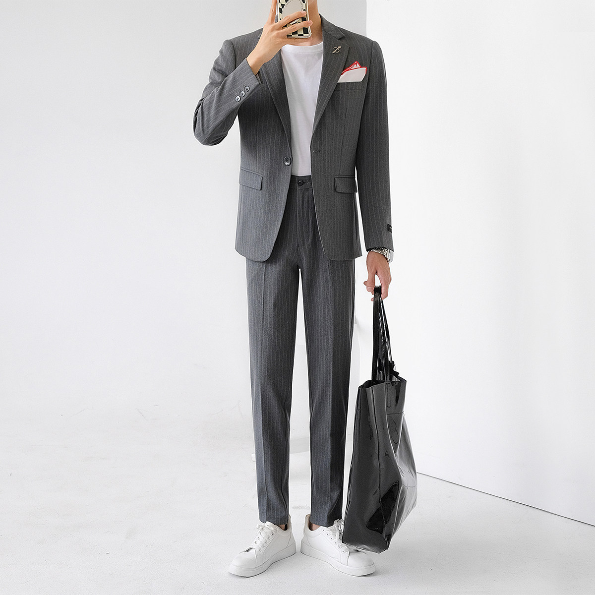 Autumn casual suit men's trendy ruffian handsome slim striped small suit men's business formal dress groom dress