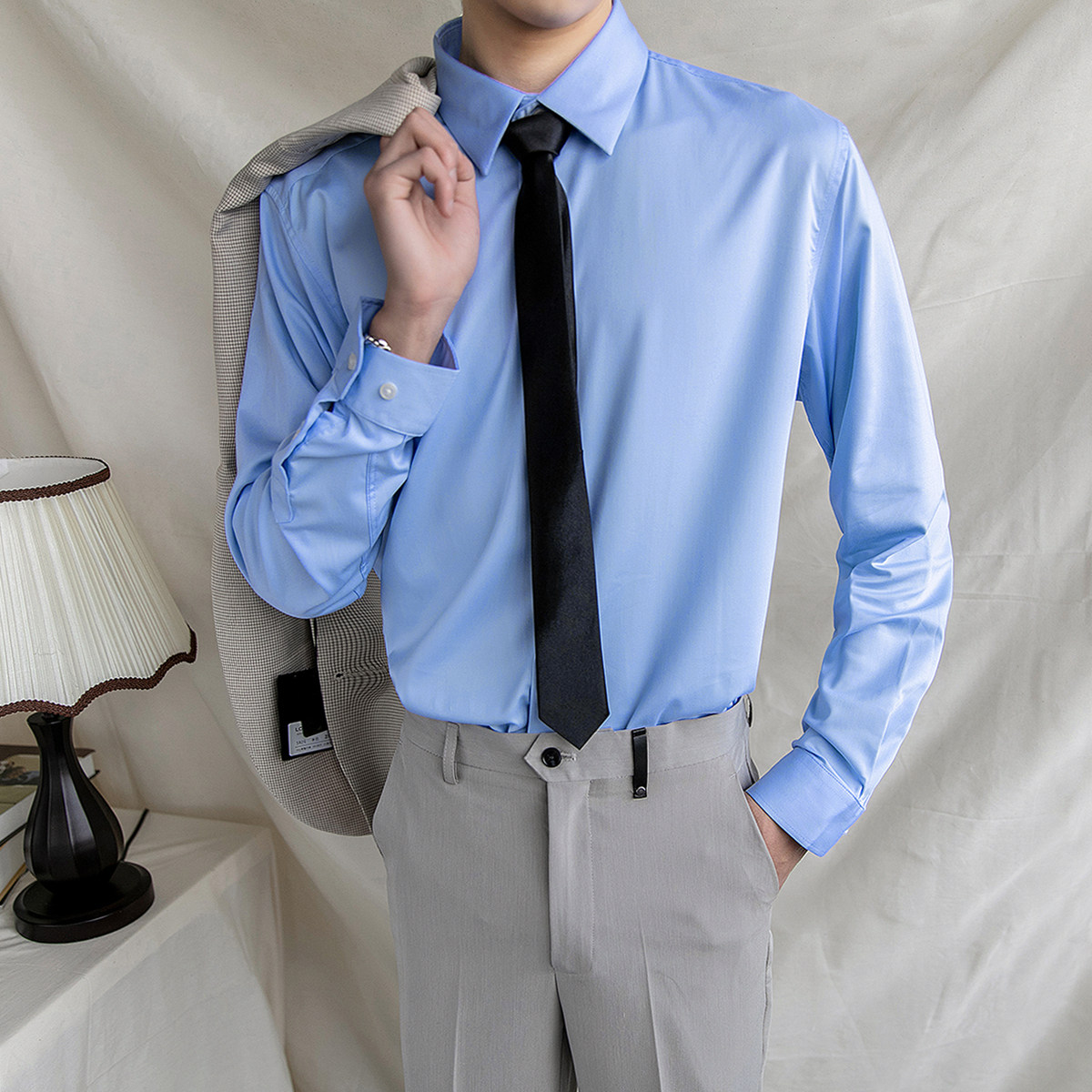 Men's long-sleeved shirt solid color versatile casual white shirt Korean version slim fashion business formal wear undershirt inch shirt tide