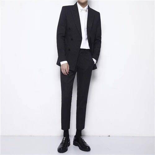 British slim double-breasted suit men's jacket casual striped suit youth small suit formal business single top