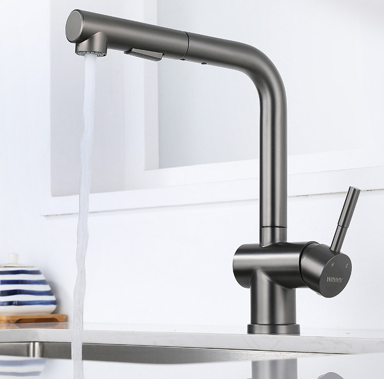 Gun grey pressure-increasing splash-proof stainless steel sink, sink, kitchen hot and cold water faucet, household pull-out type details Picture