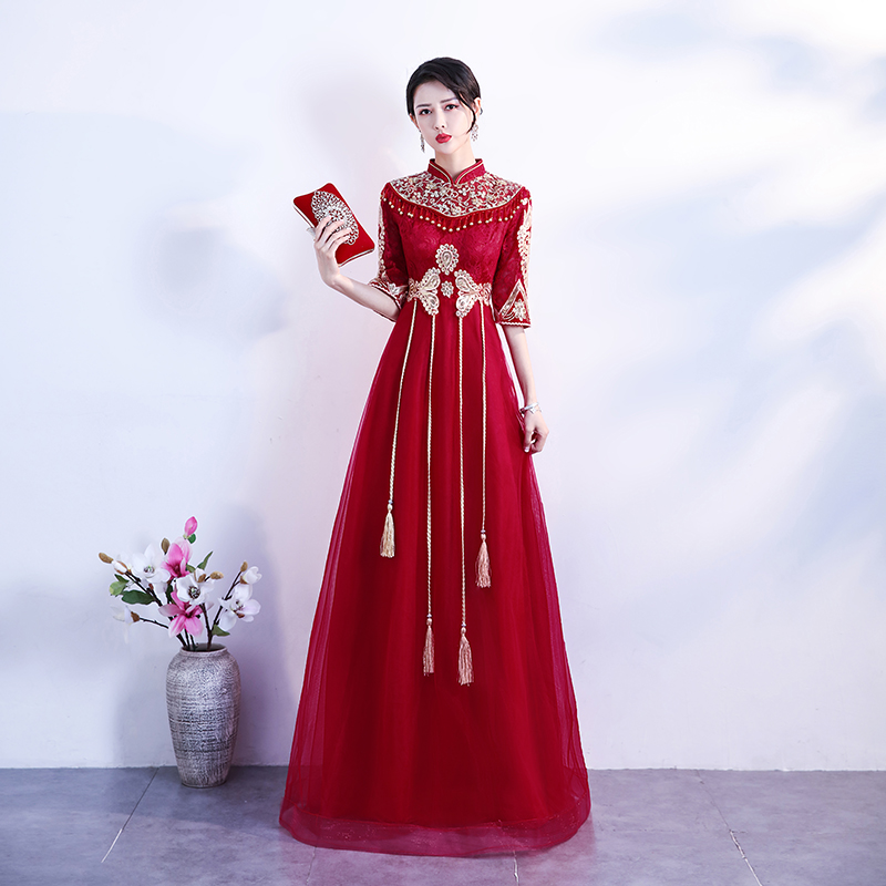 Toast 2022 bride's new spring wine red colour long version of pendant land with a slim starry sky Temperament Banquet Dress