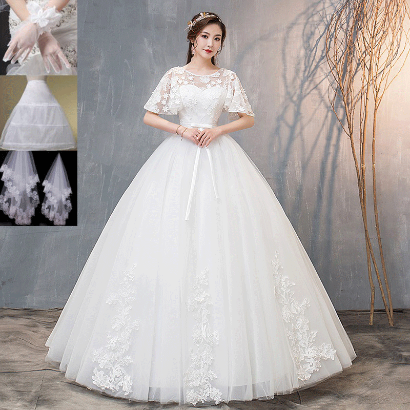 váy cưới Hàn Quốc một từ vai bong bóng tay đang lớn sen hệ thống 2020 mới cô dâu đám cưới công chúa Qidi sợi gái