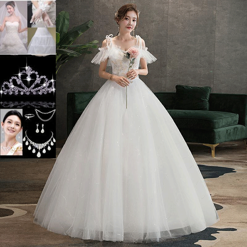 Ánh sáng áo cưới cô dâu 2020 một từ mới vai sling đơn giản phong cách Hàn Quốc siêu cổ tích hiển thị out-of-nhà sợi mỏng