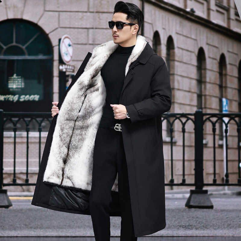 Men's Parka with Detachable Mink Lining, Long Cotton Coat, Middle-Aged and Elderly, Fleece-Lined, Thickened Military Coat, Winter Jacket