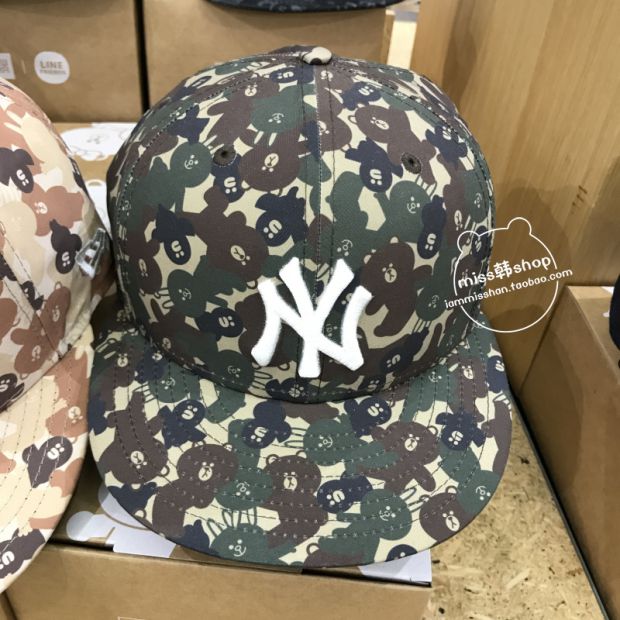 Hàn Quốc mua LINE FRIENDS x MLB Brown Bear Ngụy trang mũ phẳng dọc mũ lưỡi trai hip hop - Bóng chày mua gậy bóng chày sắt