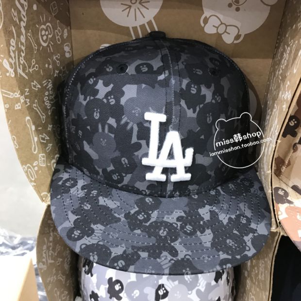 Hàn Quốc mua LINE FRIENDS x MLB Brown Bear Ngụy trang mũ phẳng dọc mũ lưỡi trai hip hop - Bóng chày mua gậy bóng chày sắt