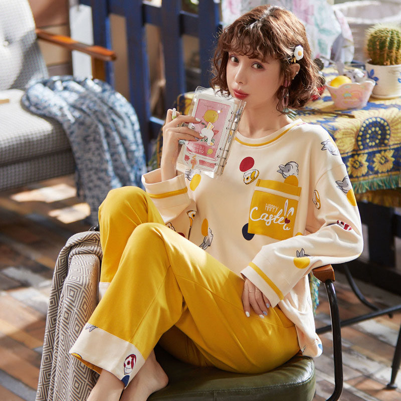 Pajamas women's spring and autumn cotton long-sleeved trousers Korean version of the student ins sweet and cute cartoon girlfriends home service suit
