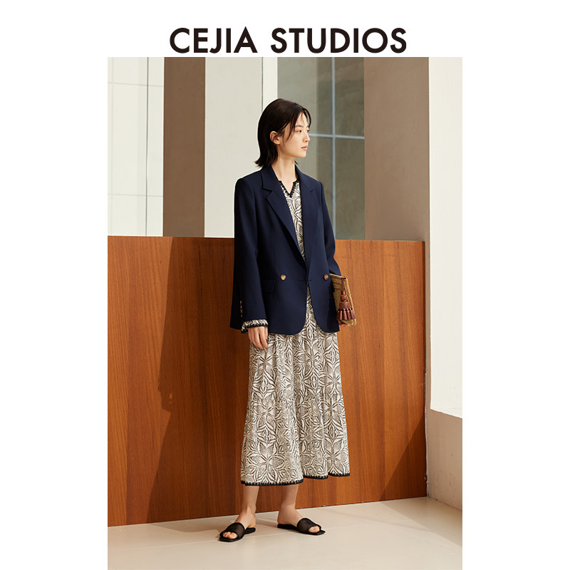 CEJIA2025 осенняя новинка, 100% овечья шерсть, стиль old money, классический темно-синий костюм для городских поездок, женская куртка Изображение 1