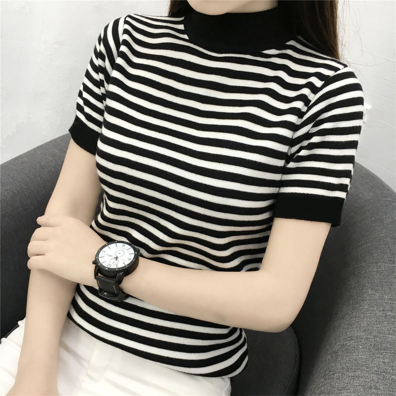 Ice Silk 2022 New Short-Sleeved T-Shirt for Female Students, Korean Style Pullover, Half-High Collar, Striped Knitted Base Shirt Top