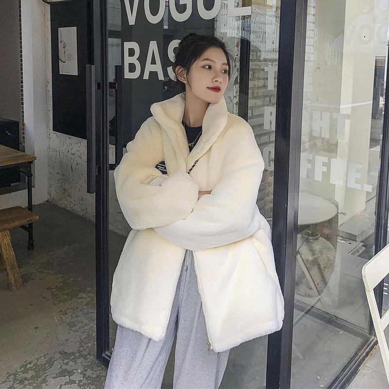 2025 Winter Faux Rex Rabbit Fur Coat for Women, Mid-Length, Loose Fit, Thickened Lamb Wool Coat with Stand Collar, Furry Outerwear
