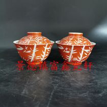 Porcelain from Jingdezhen factory early fully handmade pastel hand-painted coral red bamboo covered bowls a pair of fine covered cups