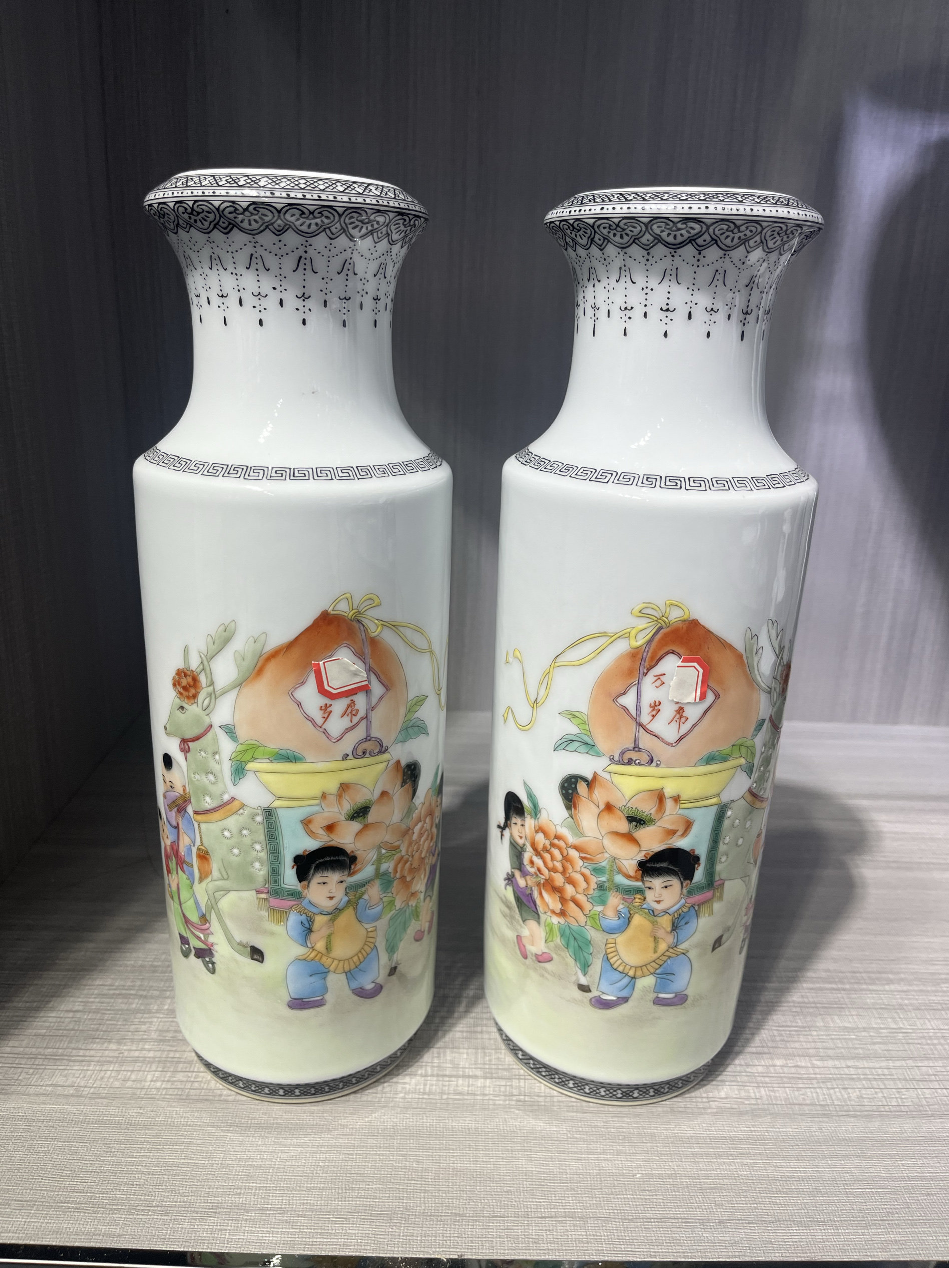 景德镇古玩古董瓷器清乾隆粉彩手绘福寿缠枝莲纹双耳瓶一对花瓶