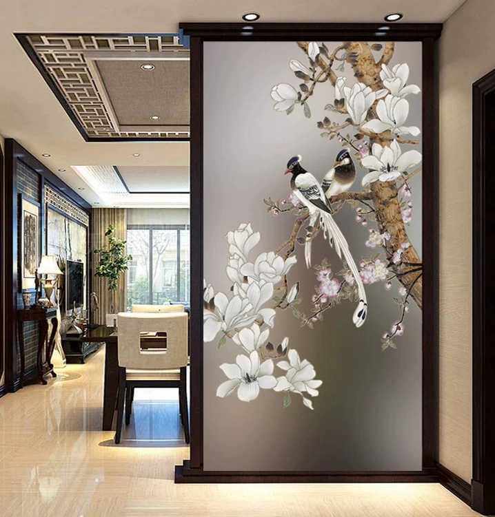 Custom art glass porch partition screen background wall modern style frosted flower painting craft White Magnolia