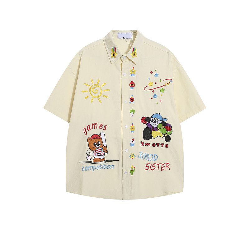 Hip-Hop Trendy Brand Fun Cartoon Embroidered Short-Sleeve Shirt for Men and Women, American Lazy Style Vibe, Loose Couple Shirt, Trendy Hip-Hop Trendy Brand Fun Cartoon Embroidered Short-Sleeve Shirt for Men and Women, American Lazy Style Vibe, Loose Couple Shirt, Trendy