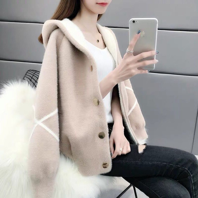 Thickened imitation mink sweater jacket for women 2024 autumn and winter hooded fashionable loose slim student plush cardigan