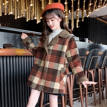 Oh Mi Tong Tide Brand Girls Late Autumn Coat Autumn and Winter Childrens Lamb Wool Double-sided Cashmere Plaid Coat Trendy