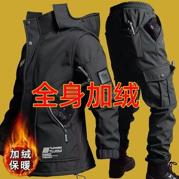 Fleece-Lined Workwear Softshell Jacket Set for Men, Winter Cold-Proof, Warm, Waterproof, Windproof, Thickened Cycling and Mountaineering Clothing