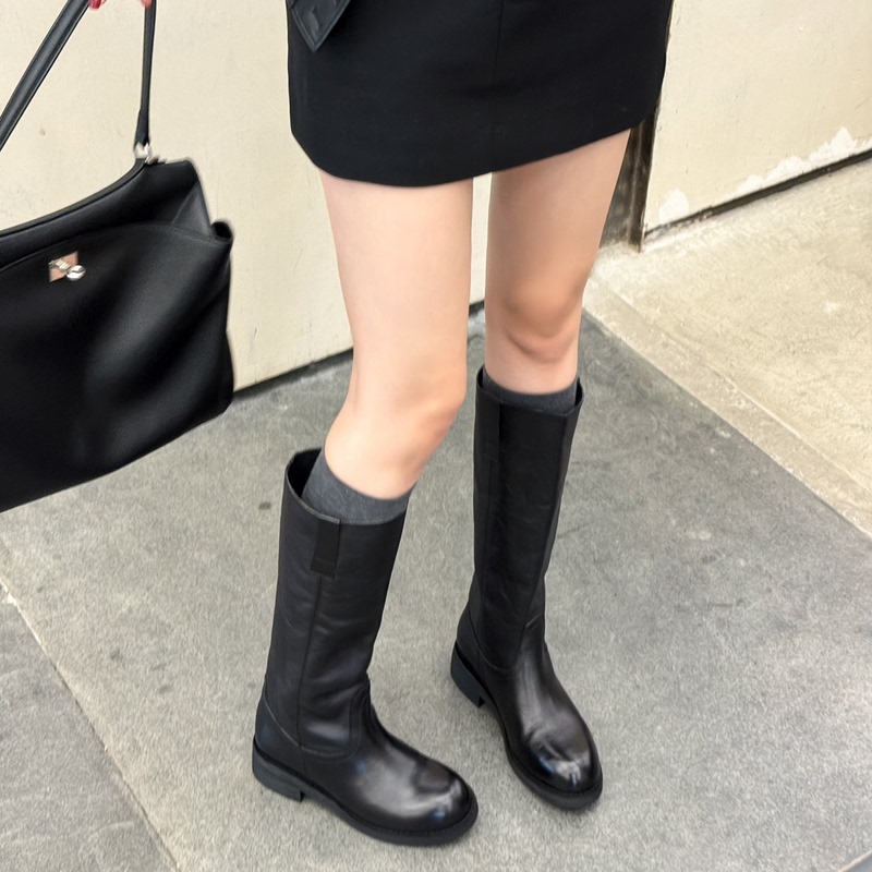 Women's High-Top Thick-Soled Knight Boots with Distressed Color, Denim Boots, Wide High-Top Long Boots, Unique Design, Flat Sole Women's High-Top Thick-Soled Knight Boots with Distressed Color, Denim Boots, Wide High-Top Long Boots, Unique Design, Flat Sole