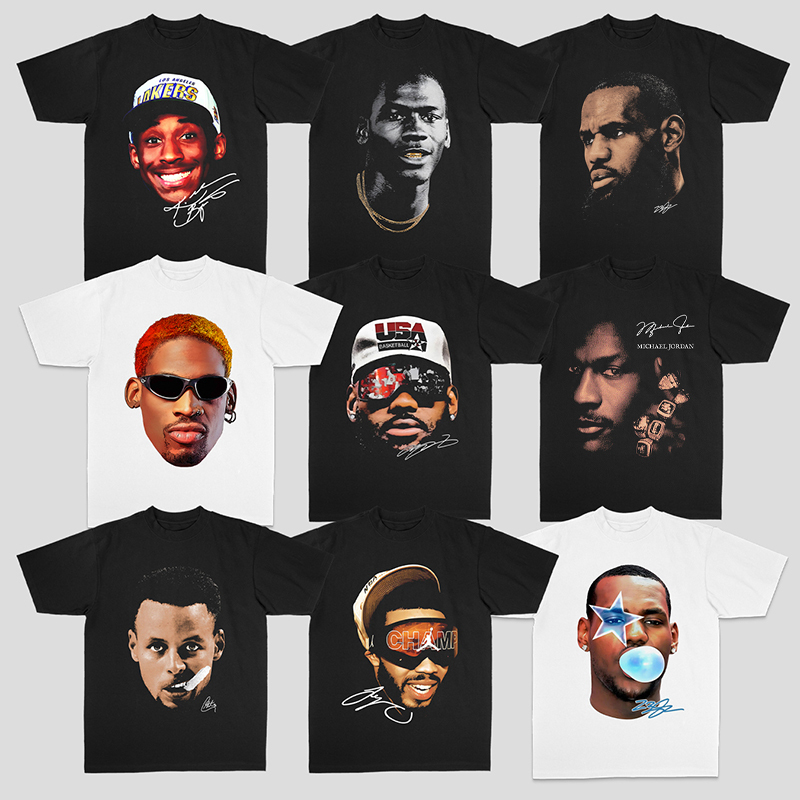 Collection of Star Players' Big Heads: Kobe, James, Harden, Tatum, Curry, American-Style Printed Streetwear Pure Cotton Short-Sleeve T-Shirt