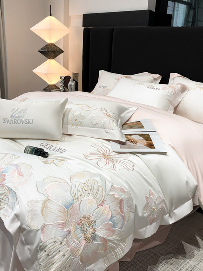 Vierteiliges Set aus langstapeliger Baumwolle der Klasse A, 200-fädig, aus reiner Baumwolle, einfache, hochwertige Bettbezüge mit Blumenstickerei