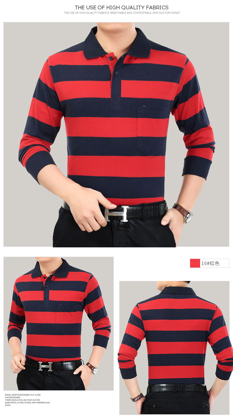 Mùa thu mới nam dài tay áo thun cotton sọc ve áo nam POLO sơ mi giản dị bố trung niên áo thun nam trung niên