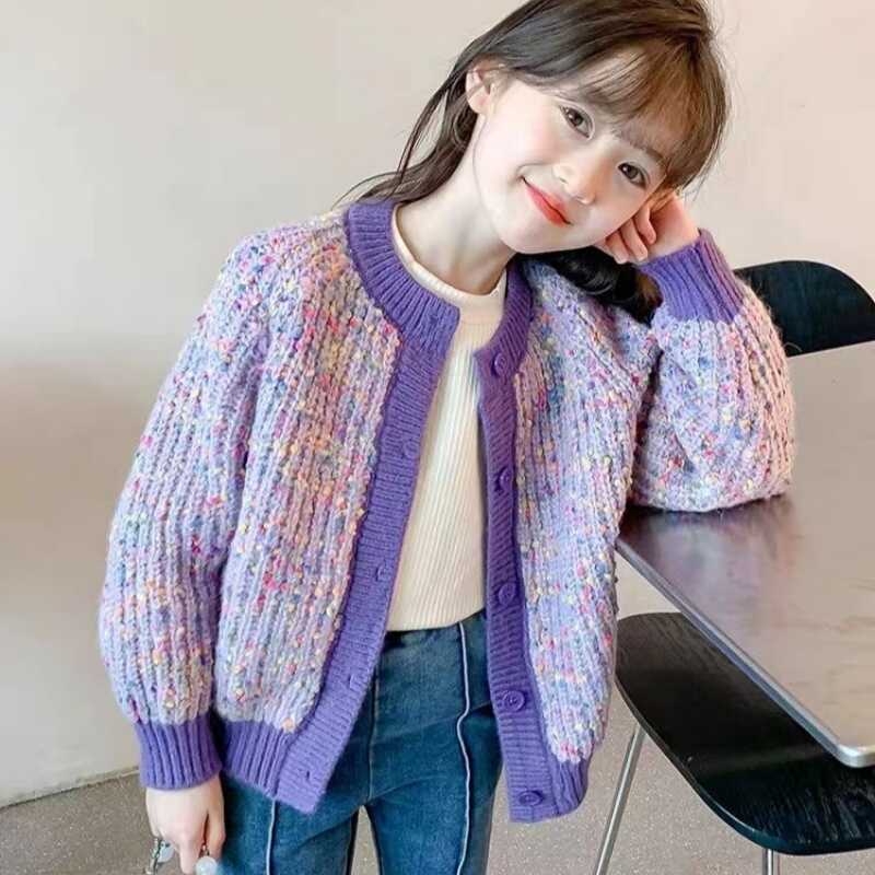 Children's Knitted Cardigan Sweater, Girls' Coat, Spring and Autumn Style, New Autumn Clothing, Children's Clothing, Girls' Autumn and Winter Purple Color