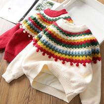 Christmas and New Years childrens clothing girls retro fleece sweater autumn and winter new childrens baby thickened jacquard sweater